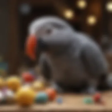 Enrichment Activities for a Healthy African Grey Parrot African grey parrot interacting with a variety of toys and enrichments