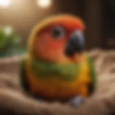A conure bird resting comfortably in its bed