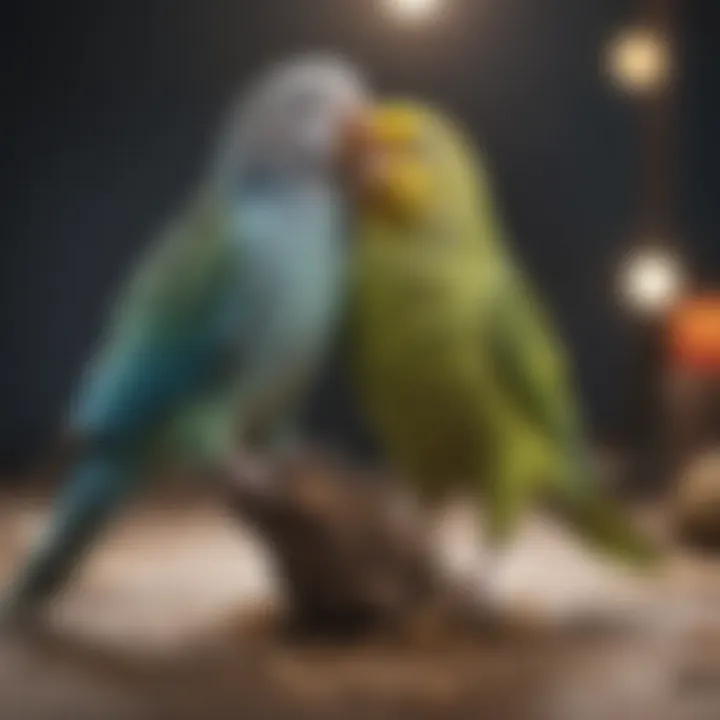 A parakeet interacting playfully with a companion bird