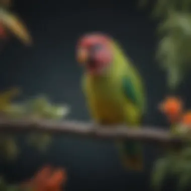 A vibrant parakeet perched on a colorful branch