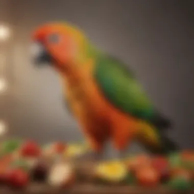 A well-arranged diet of seeds, fruits, and vegetables for conures