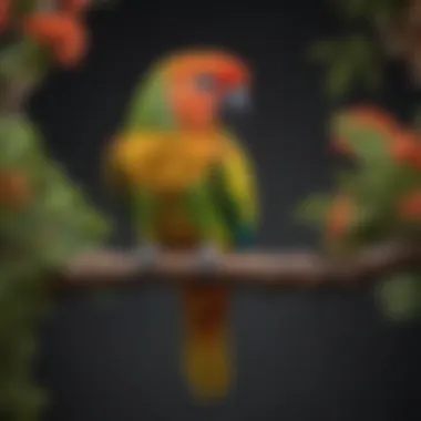 A colorful conure perched on a branch, showcasing its vibrant feathers