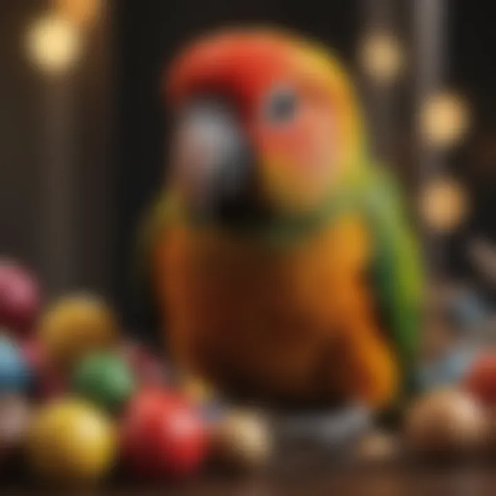 A conure displaying its playful nature with toys in its cage