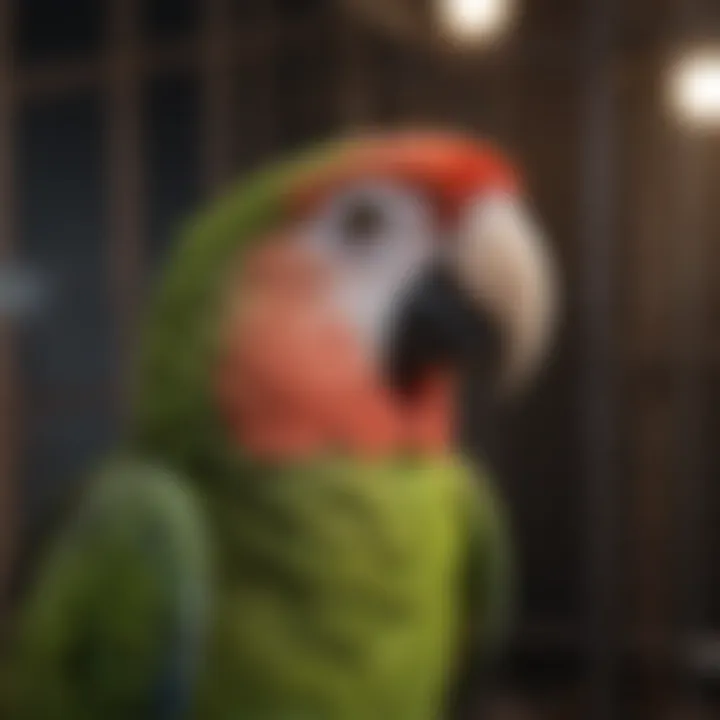 A well-cared-for tamed parrot in a cage