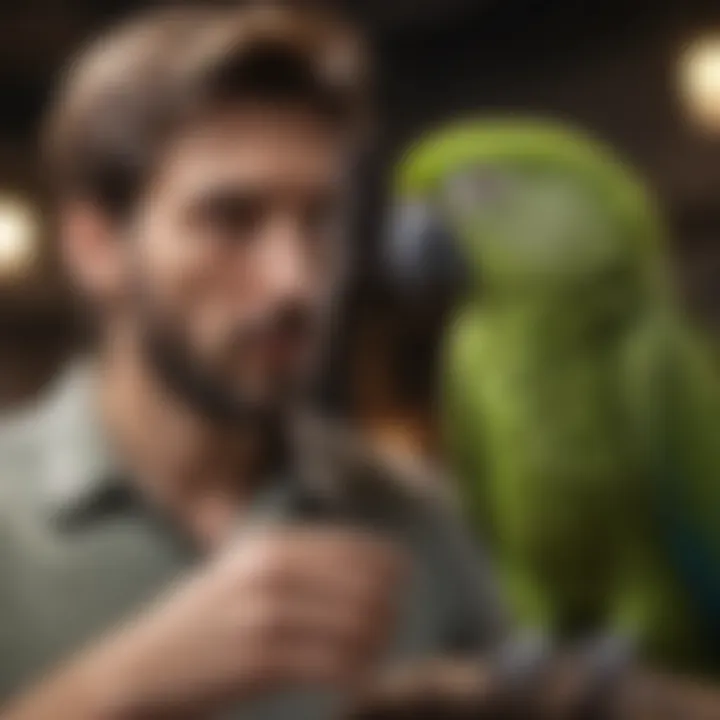 An owner interacting with a tamed parrot