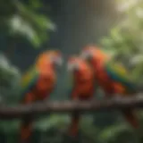 Colorful tamed parrots perched on a branch