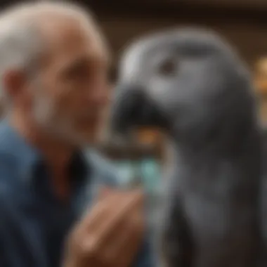 A close-up of an African Grey Parrot interacting with its owner, emphasizing the bond between them.