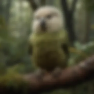 A kakapo perched on a branch in its natural habitat