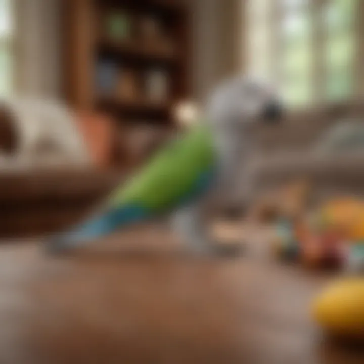 A cozy living room setting with a Quaker parrot and toys