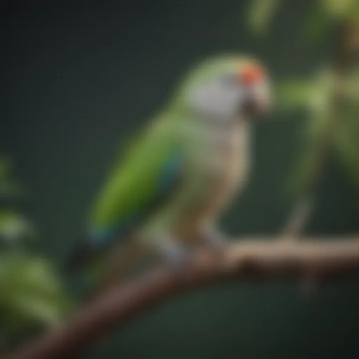 A vibrant Quaker parrot perched on a branch