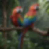 A colorful macaw perched on a branch in a lush setting