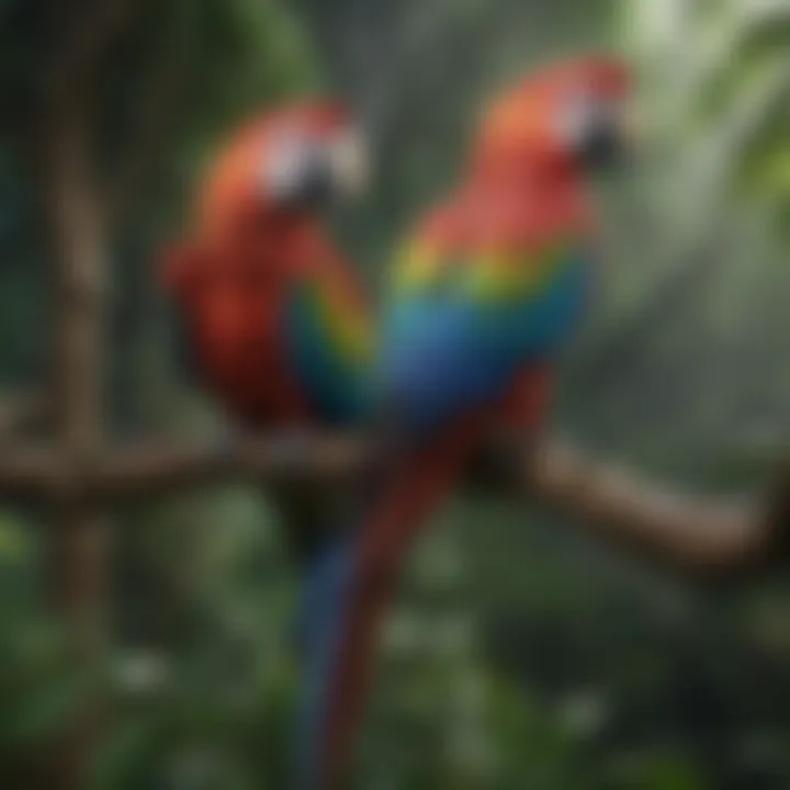 A colorful macaw perched on a branch in a lush setting