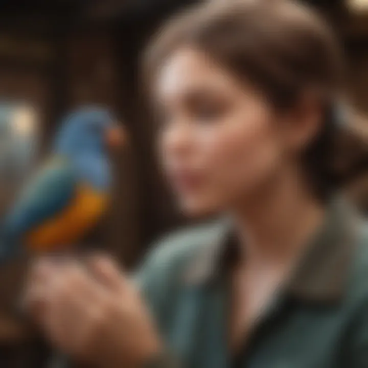 A person interacting affectionately with a pet bird