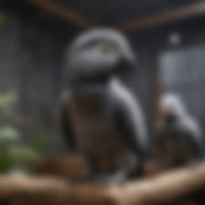 A spacious aviary designed for African Gray parrots, highlighting an ideal breeding environment.