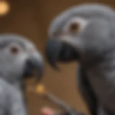 Close-up of an African Gray parrot interacting with a breeder, illustrating the bond between them.