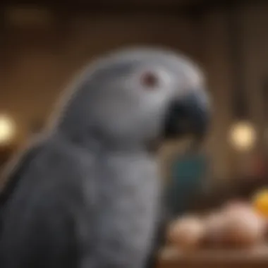 A collection of care items including food, toys, and perches for African Gray parrots.