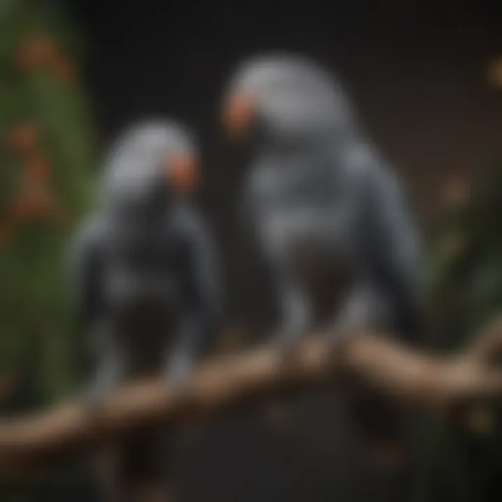 A pair of African Gray parrots perched on a branch, showcasing their vibrant feathers.