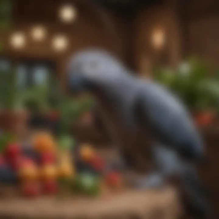 An African Grey parrot enjoying NutriBerries in a spacious aviary