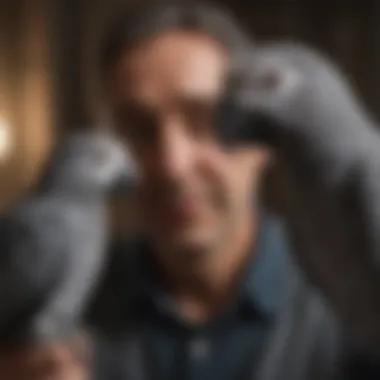 A happy African Grey interacting with its owner