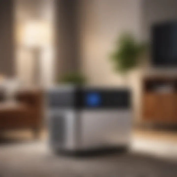 Close-up of an air ionizer in a modern living room setting, highlighting its design and technology.