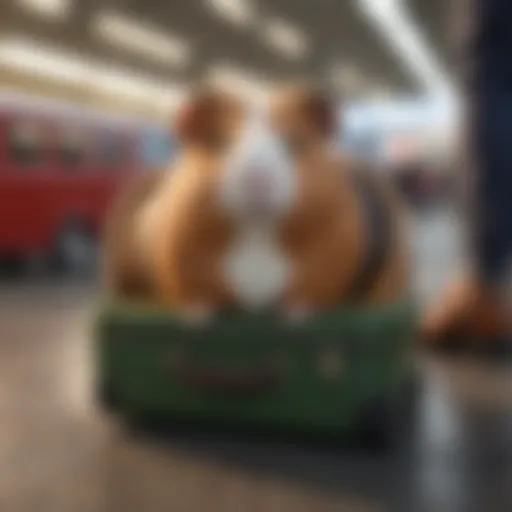 A cozy guinea pig travel carrier placed beside an airport luggage cart.