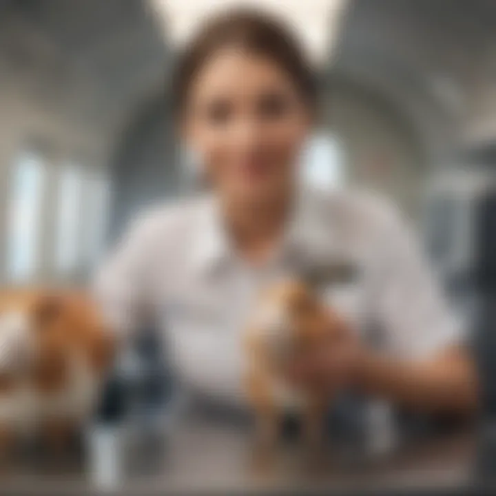 A friendly airline staff member assisting a pet owner with their guinea pig.