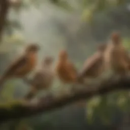 A diverse array of brown birds perched on a tree branch