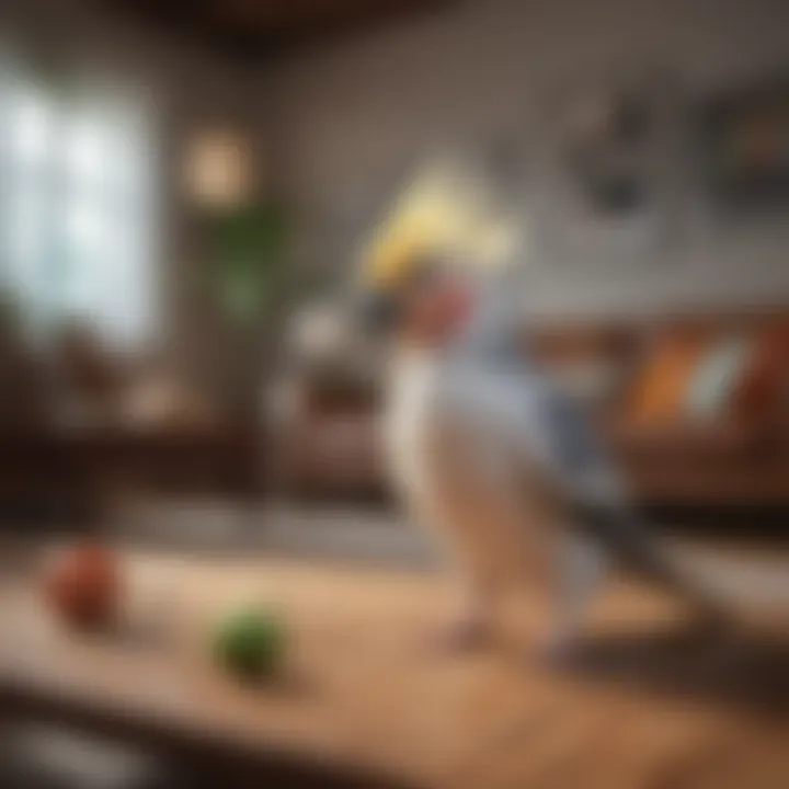 A playful cockatiel interacting with its owner in a cozy living room.