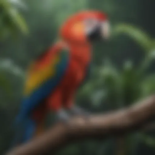 A vibrant macaw perched on a branch showcasing its colorful feathers.