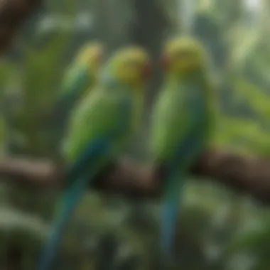 A group of exotic parakeets in a lush green environment.