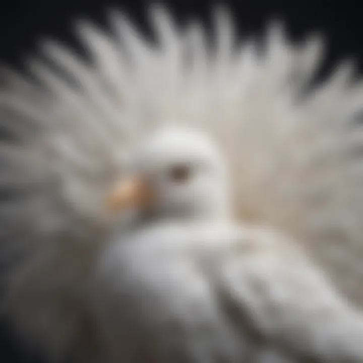 A close-up of a white bird showcasing its unique feathers