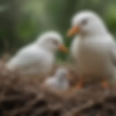 A white bird interacting with its young in a nest