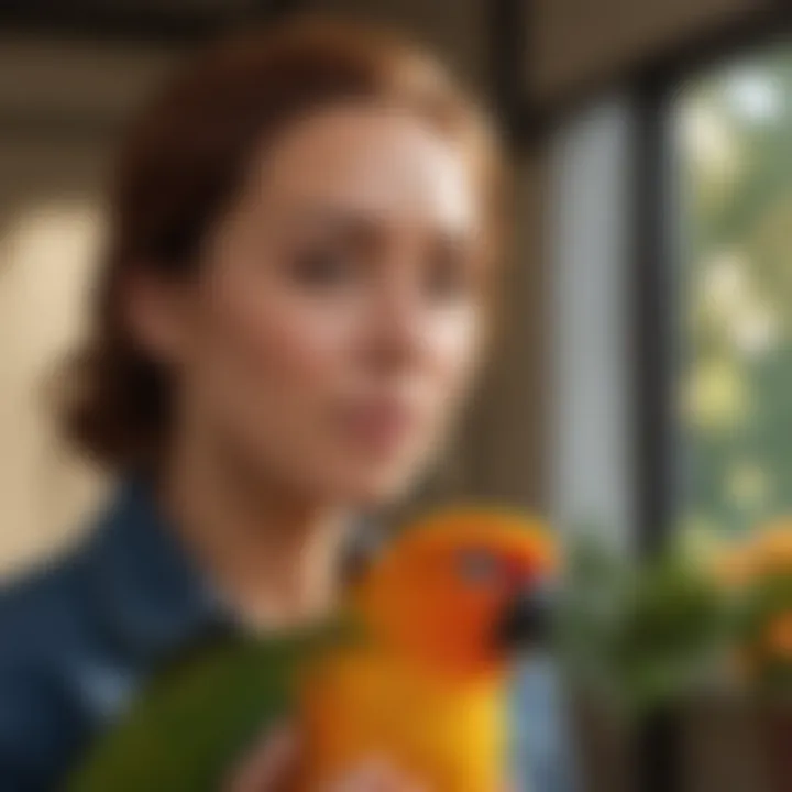 A sun conure interacting with its owner, showcasing the bond over feeding time.