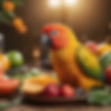 Fresh Fruits: A Delicacy for Sun Conures Close-up of sun conure enjoying a piece of fresh fruit.