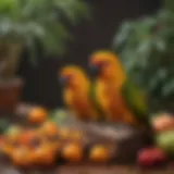 A vibrant sun conure perched on a branch surrounded by a variety of seeds and fruits.