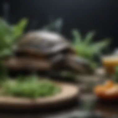 Balanced Meal Components for Aquatic Turtles Aquatic turtles enjoying a balanced meal with greens and protein.