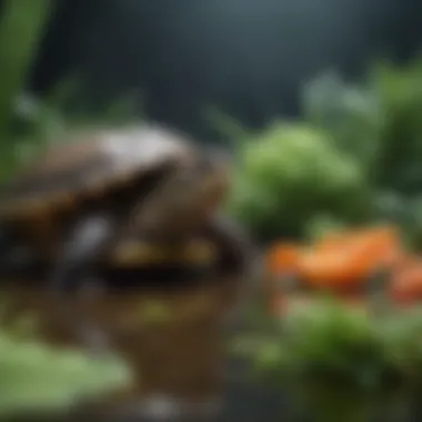 Variety of aquatic turtle food options including vegetables and protein sources.