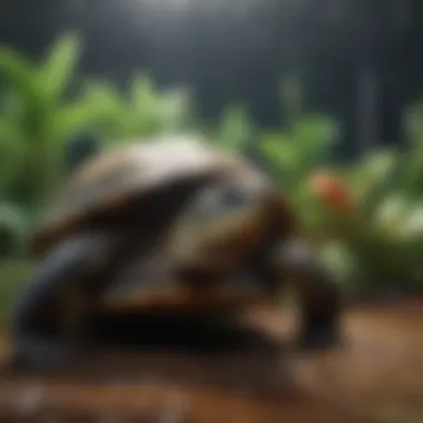 Healthy aquatic turtle basking under a heat lamp, emphasizing the importance of habitat.