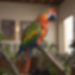 A colorful parrot perched on a branch in a veterinary office