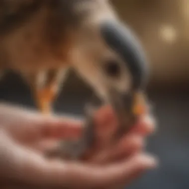 A close-up of a bird's foot being examined by a veterinarian