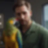 A parrot perched on a veterinarian's shoulder during a consultation