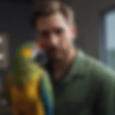 A parrot perched on a veterinarian's shoulder during a consultation