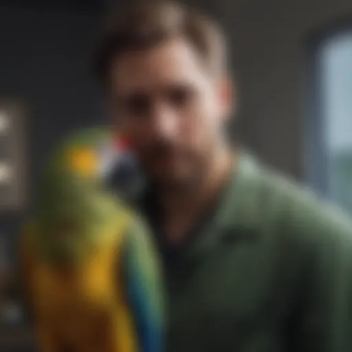 A parrot perched on a veterinarian's shoulder during a consultation