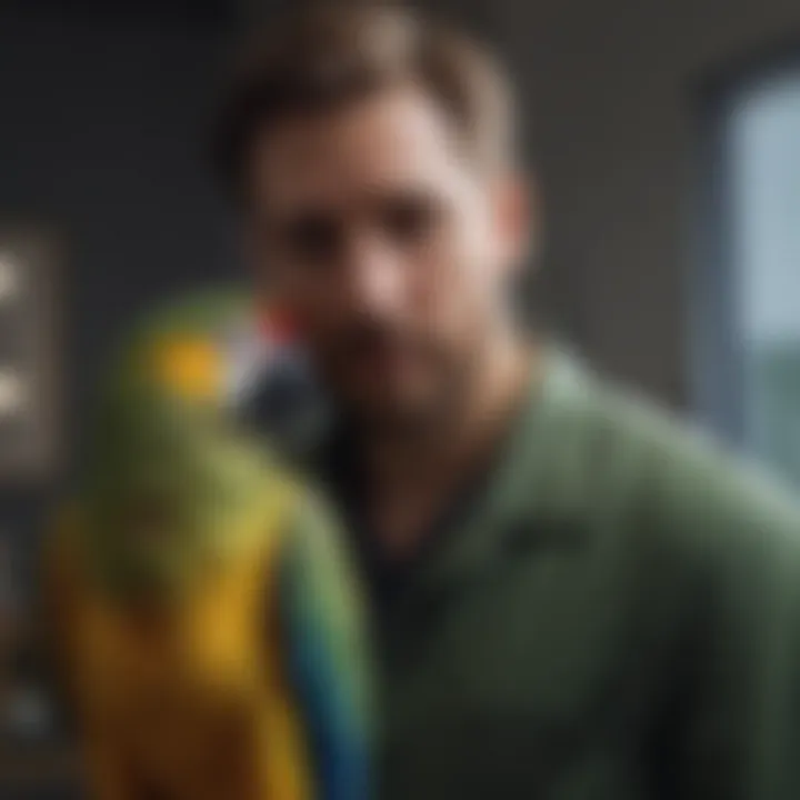 A parrot perched on a veterinarian's shoulder during a consultation
