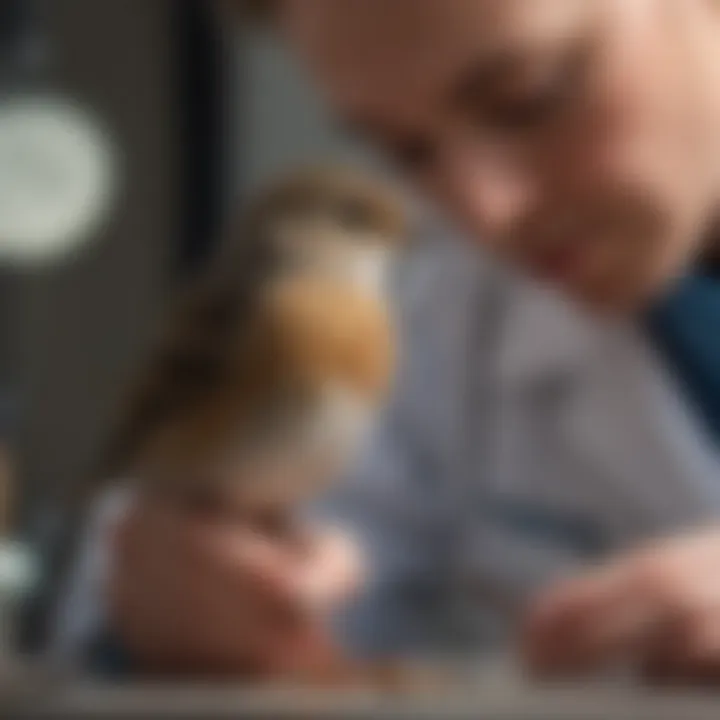 A close-up of a veterinarian examining a small bird with specialized tools.