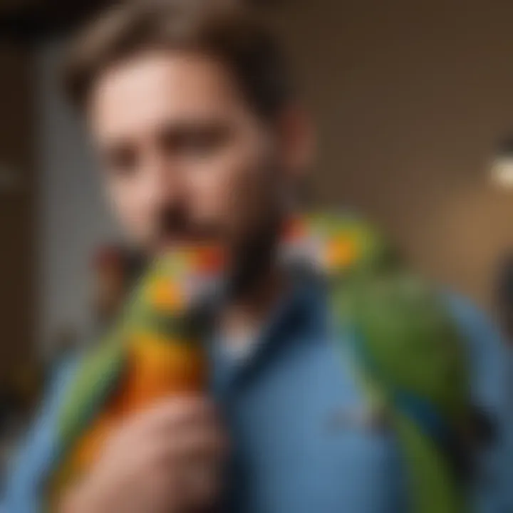 A vibrant parrot perched on a veterinarian's shoulder during an examination.