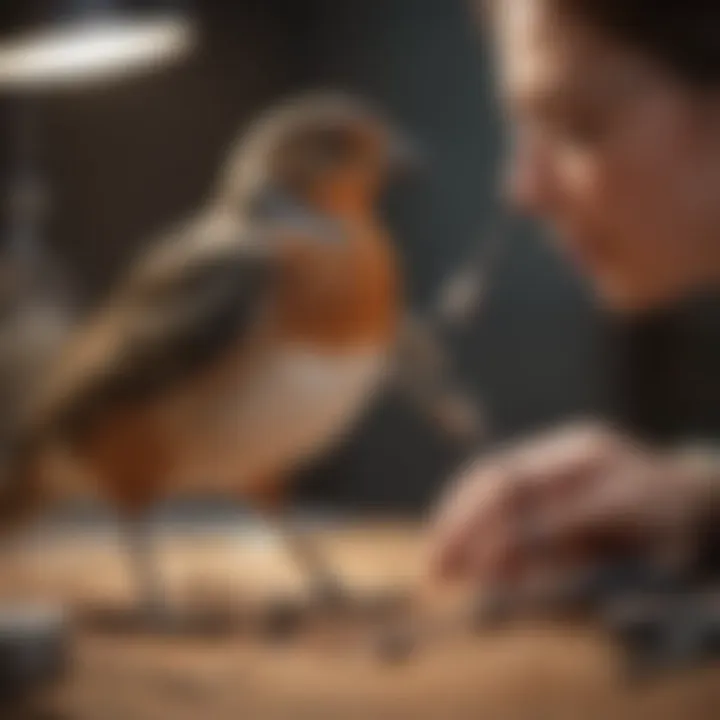 An avian veterinarian examining a bird with specialized medical tools.