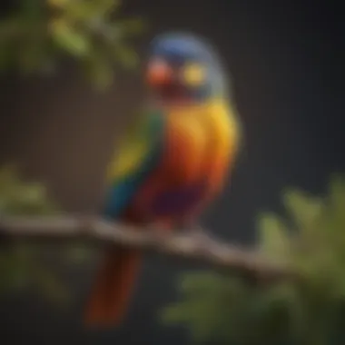 A vibrant pet bird perched on a branch, showcasing its colorful feathers.