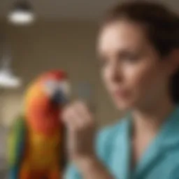 Avian veterinarian examining a colorful parrot in a clinic