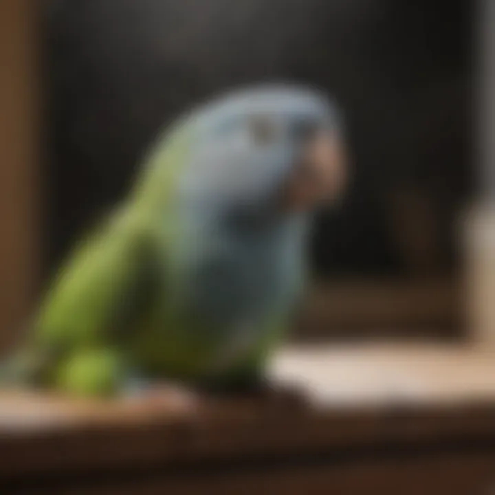 A pet owner gently misting their parakeet with water